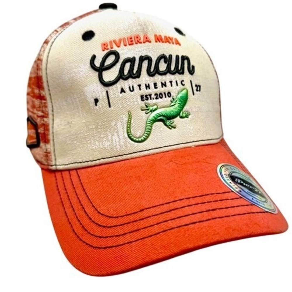 Pier27 Cancun Riviera Maya Lizard Baseball Cap Hat Orange‎ Beige
